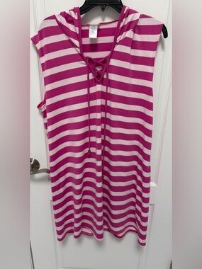 Wearabouts Women’s Sleeveless Striped Hooded Coverup, Pink/White, Size Large